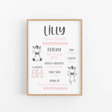 Load image into Gallery viewer, Baby Zebra Birth Announcement Print
