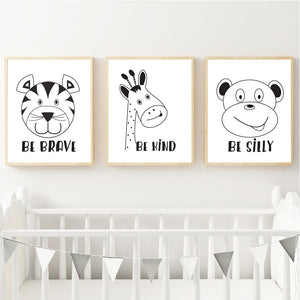 Be Brave Silly Kind Animal Print Set - Monochrome Kids prints - Happy Joy Decor