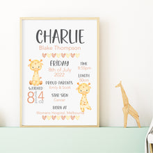 Load image into Gallery viewer, Baby Giraffe Birth Announcement Print
