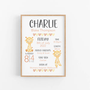 Baby Giraffe Birth Announcement Print