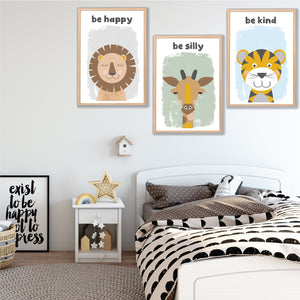 Jungle Animal Be Happy Silly Kind Kids Bedroom Nursery Print Set - Happy Joy Decor