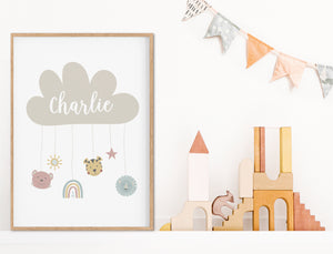 Boho Animal Cloud Personalised Print - Neutral Nursery prints - Happy Joy Decor