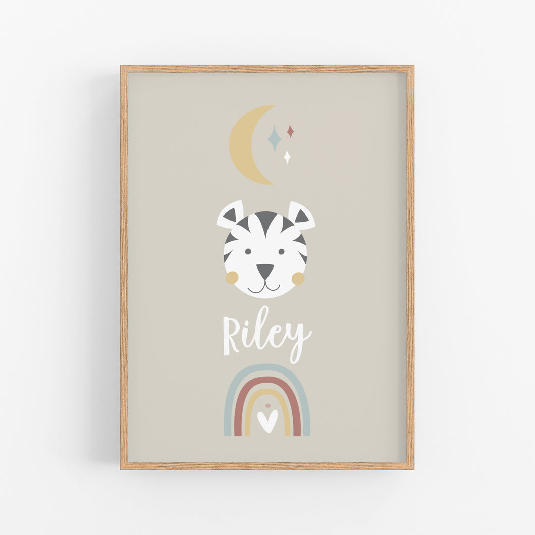 Boho Baby Tiger Personalised Print - Neutral personalised nursery wall prints - Happy Joy Decor