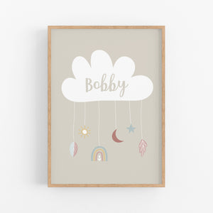 Beige Boho Cloud Personalised Print - Neutral Nursery Wall Prints - Happy Joy Decor