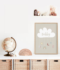 Boho Cloud Personalised Print - Neutral Nursery Wall Prints - Happy Joy Decor