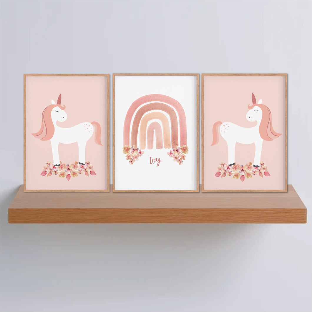 Boho Rainbow Unicorn Personalised Print Set - Girls Nursery Prints - Happy Joy Decor