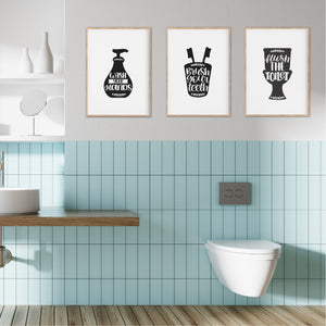 Wash Brush Flush Bathroom Print Set