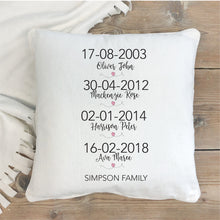 Load image into Gallery viewer, Family Dates Personalised Cushion - personalised home decor - Happy Joy Decor
