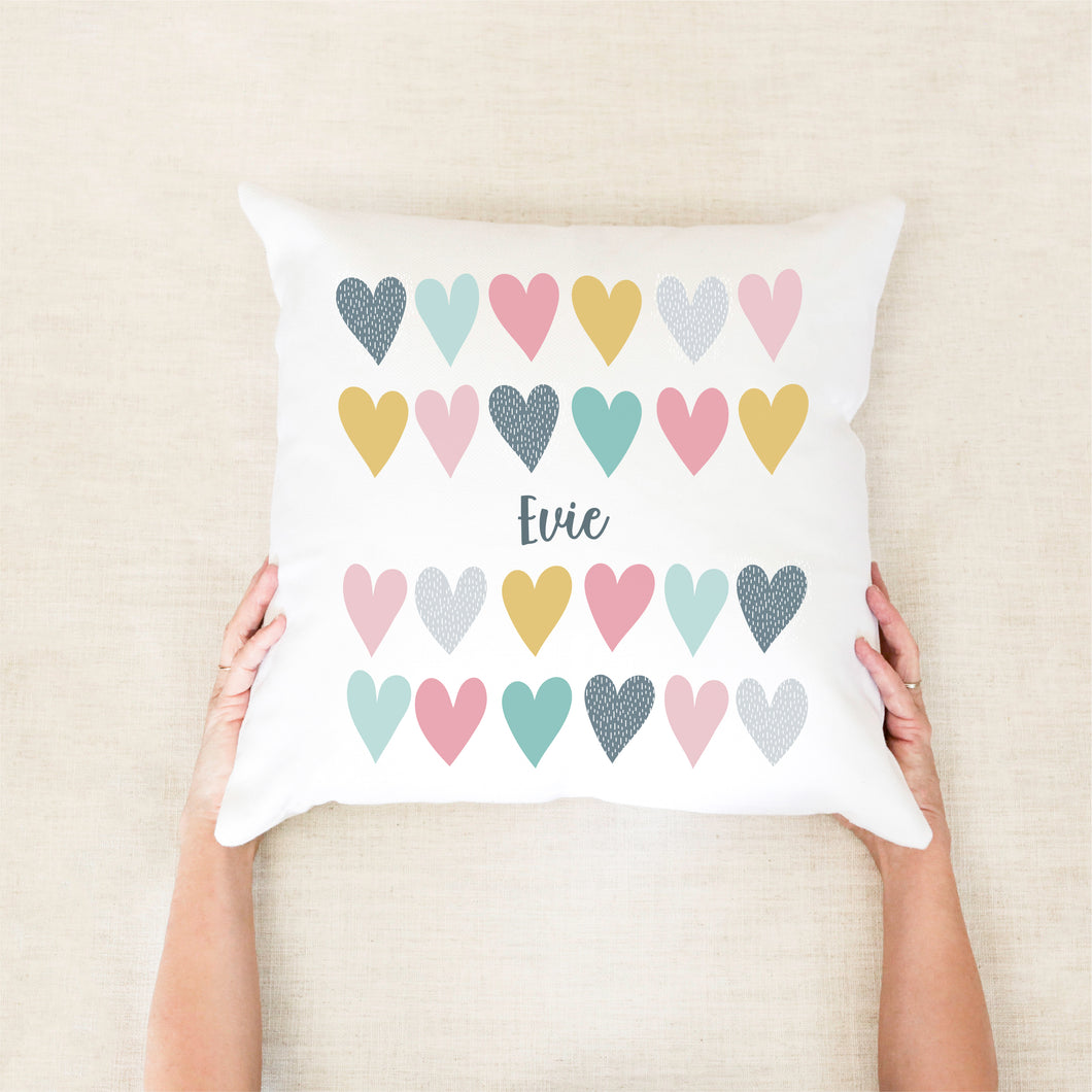 Coloured Hearts Personalised Cushion