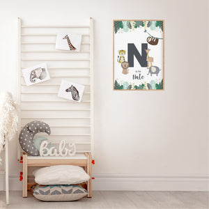 Jungle Safari Animal Initial Personalised Nursery Bedroom Print - Happy Joy Decor