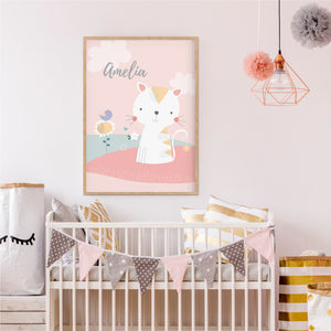 Kitty Personalised Print - Girls Personalised Nursery Bedroom Art - Happy Joy Decor