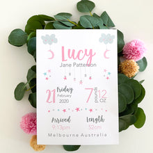 Load image into Gallery viewer, Moon &amp; Star Personalised Birth Print - baby girl gifts - Happy Joy Decor
