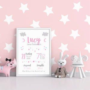 Moon & Star Personalised Birth Print - baby girl gifts - Happy Joy Decor