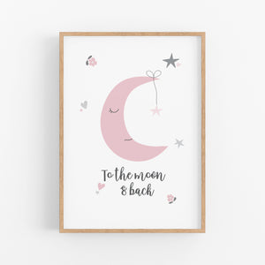 Pink Moon Heart Birth Print Set - Girls Nursery Wall Art - Happy Joy Decor