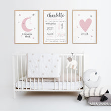 Load image into Gallery viewer, Pink Moon Heart Birth Print Set - Girls Nursery Wall Art - Happy Joy Decor
