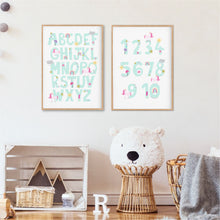 Load image into Gallery viewer, Blue Unicorn Alphabet &amp; Number Print - Playroom Prints - Happy Joy Decor
