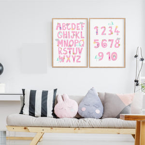 Pink Unicorn Alphabet & Number Print - Playroom Print - Happy Joy Decor