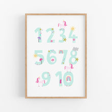 Load image into Gallery viewer, Blue Unicorn Alphabet &amp; Number Print - Playroom Prints - Happy Joy Decor
