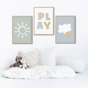 Sun Play Cloud Print Set - Kids Neutral Wall Art - Happy Joy Decor