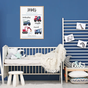 Truck Nursery Birth Print - Boys Birth Stat Prints - Happy Joy Decor