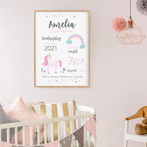 Rainbow Unicorn Personalised Birth Nursery Print - Happy Joy Decor